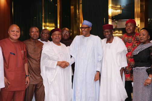 PRESIDENT BUHARI RECEIVES SOUTH-EAST GROUP FOR CHANGE 2. R-L; APC Chieftain, Lady Sharon Ikeazor, Chief of Staff, Mallam Abba Kyari, President Muhammadu Buhari, the former Senate President and Leader of South-East Group for Change, Senator Ken Nnamani, Senator Ifeanyi Ararume and other members of the SOUTH-EAST GROUP FOR CHANGE in audience with the President at the State House in Abuja. PHOTO; SUNDAY AGHAEZE. MAY 31 2016