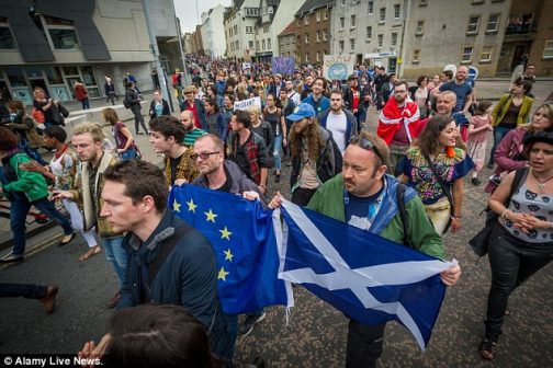 Anti-Brexit protests were also held in other UK cities, including Edinburgh, where Remain won by a vast majority - a result reflected in all 32 local authorities in Scotland, triggering demands for a second Scottish independence referendum. Photo: Daily Mail of London