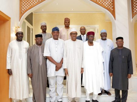 President Muhammadu Buhari (M) flanked by the Chief of Staff to the President, Mallam Abba Kyari, the outgoing Inspector General of Police, Mr Solomon Arase. With them are the Chief of Army Staff, Lt Gen Tukur Buratai, Chief of Defence Staff, Major General Abayomi Olonisakin, Chief of Naval Staff, Real Admiral Ibok Ekwe Ibas, Chief of Air Staff, Air Marshal	Sadique Abubakar, Director General Department of State Security Service, Musa Daura, NSA, Maj-Gen Bababgana Monguno and DG, NIA, Mr Oke.