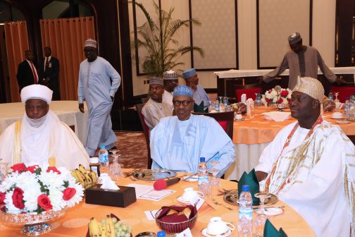 (R-L) Ooni of Ife HRH Adeyeye Ogunwusi, President Muhammadu Buhari and Sultan of Sokoto, Sultan Muhammadu Sa'ad Abubakar IV