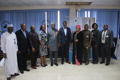 L-R: Director General, Nigerian Maritime Administration and Safety Agency (NIMASA) Dr. Dakuku Peterside (5th from right) in a photograph with members of the Information Systems Audit and Control Association (ISACA) and some Management Staff of the Agency during a courtesy visit by the ISACA group to NIMASA Head Office in Lagos recently