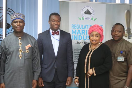 L-R: Director General, Nigerian Maritime Administration and Safety Agency (NIMASA), Dr. Dakuku Peterside, Lagos President of the Information Systems Audit and Control Association (ISACA) Mr. Tope Aladenusi, Head, Corporate Communication, NIMASA, Hajia Lami Tumaka and the Head, Internal Audit of the Agency, Mr. Victor Onuzuruike when ISACA group paid a courtesy visit to the agency recently.