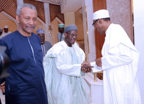 President Muhammadu Buhari in a handshake with former Chief Justice of Nigeria, Justice Alfa Belgore,  Justice of the Supreme Court,  Justice Bode–Rhode Vivour and others