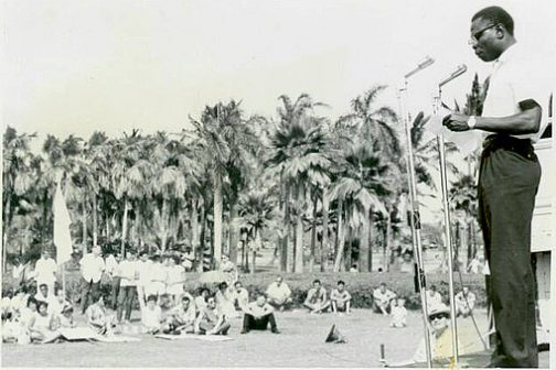 Barack Obama Sr. speaking at a peace rally in Ala Moana Park on the island of Oahu in Hawaii in May 1962, when he was a student. 