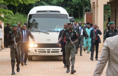 The Coaster bus which brought Senator Saraki and others arriving the court premises
