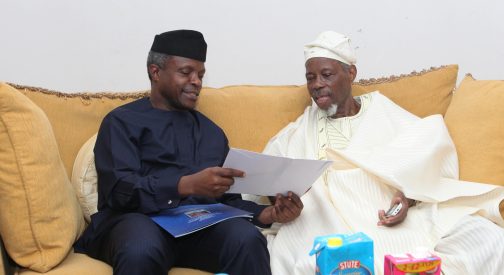 Vice President Yemi Osinbajo and Prince Bola Ajibola comparing notes during the visit