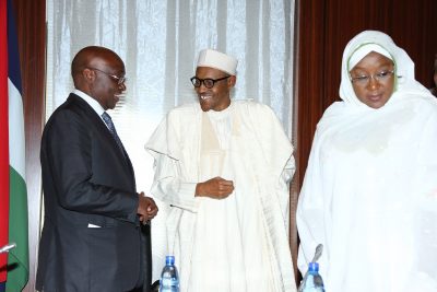  R-L;  Minister of State for Foreign Affairs, Hajiya Kadija Ibrahim Bukar Abba, President Muhammadu Buhari and former President ADB/ Special Envoy African Union Peace Fund, Dr Donald Kaberuka during an audience with the President at the State House in Abuja.