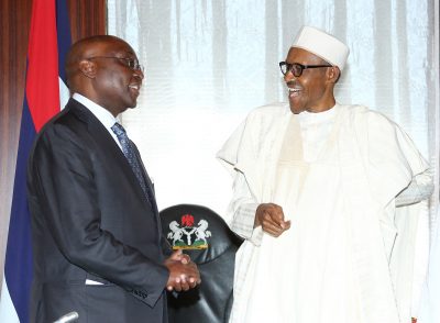 R-L; President Muhammadu Buhari and former President of ADB and Special Envoy African Union Peace Fund, Dr Donald Kaberuka during an audience with the President at the State House in Abuja. 