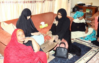 Wife of NSA, Nafisah Babagana Monguno condole with the wife of Late Ali Shettima Monguno, Fatima, with her sister, Aisha  during a federal government delegation visit to the residence of the deceased