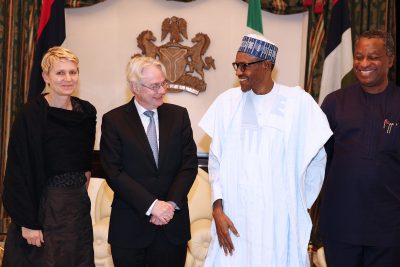 L-R:  Deputy Head of Mission of Germany to Nigeria, Ms. Regine Hess, outgoing German Ambassador, H.E. Michael Zenner, President Muhammadu Buhari and Minister of Foreign Affairs, Mr. Geoffrey Onyeama during the farewell visit