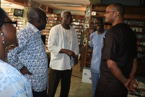  L-R. Mrs. Lawunmi Laolu-Akande, the author, Wale Adebanwi, Prof. Niyi Osundare, Vice President's spokesman, Laolu Akande, and Remi  Ade
