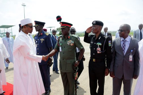 L-R; President Muhammadu Buhari, Commander Brigade of Guards, Brig General MS Yusuf, DCP SK Akande and AD, SSS at the airport to see the president off