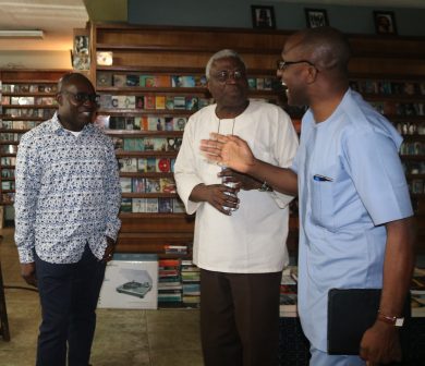L-R. The author, Wale Adebanwi, Prof. Niyi Osundare and Vice President's Spokesman, Laolu Akande