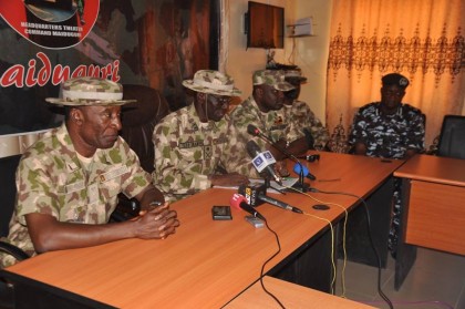 Major-General Lucky Irabor, Theatre Commander of Operation Lafiya Dole addressing journalists in Maiduguri on Friday