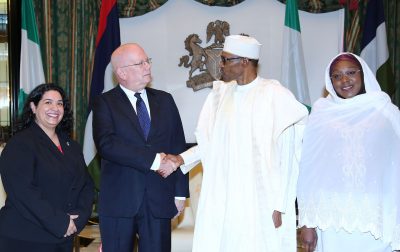 R-L: Minister of State for Foreign Affairs, Haijya Khadija Ibrahim Bukar Abba, President Muhammadu Buhari, the outgoing United States Ambassador to Nigeria, Mr James F. Entwistle and US embassy deputy Head of Mission, Mrs Maria Brewer during a farewell audience with the President at the State House in Abuja.