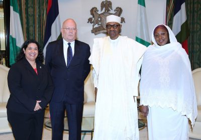 R-L: Minister of State for Foreign Affairs, Haijya Khadija Ibrahim Bukar Abba, President Muhammadu Buhari, the outgoing United States Ambassador to Nigeria, Mr James F. Entwistle and US embassy deputy Head of Mission, Mrs Maria Brewer during a farewell audience with the President at the State House in Abuja.