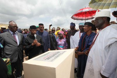 The Founder Elizade University, Chief Michael Ade Ojo,  Vice President Prof. Yemi Osinbajo SAN, Governor of Ondo State, Dr. Olusegun Mimiko, the Alara of Ilara-Mokin, Oba Aderemi Adefehinti and others at the commissioning of the official residence of the DPO at the new Divisional Headquarters of the Nigeria Police Force at Ilara-Mokin.