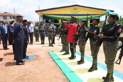 Vice President Prof. Yemi Osinbajo SAN and His Excellency, Governor of Ondo State, Dr. Olusegun Mimiko ready to inspect a guard of honour mounted by The Nigeria Police Force at the New Police Divisional Headquarters Ilara-Mokin. Friday July 8, 2016 