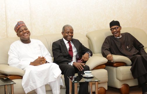 (R-L) President Muhammadu Buhari, Vice President Yemi Osinbajo and Speaker Yakubu Dogara in a relaxed mood at a feast with Internally Displaced Persons (IDPs) at State House Abuja