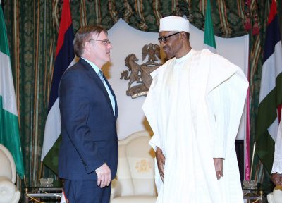 R-L:  President Muhammadu Buhari receives the outgoing Canadian High Commissioner to Nigeria, Mr Perry John Calderwood during a farewell audience with the President at the State House in Abuja.