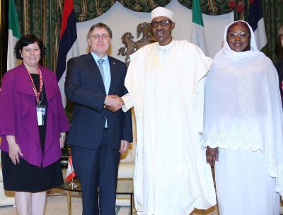 R-L;  Nigerian Minister of State for Foreign Affairs, Hajiya Khadija Ibrahim Bukar Abba, President Muhammadu Buhari, the outgoing Canadian High Commissioner to Nigeria, Mr Perry John Calderwood and Political Counsellor, Canadia Embassy, Ms Megan Foster during a farewell audience with the President at the State House in Abuja.