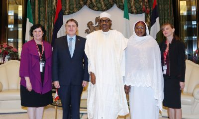 R-L; Counsellor and Head of Development Cooperation Section, Canadia Embassy, Ms Linda Erichs, Nigerian Minister of State for Foeign Affairs, Hajiya Khadija Ibrahim Bukar Abba, President Muhammadu Buhari, the outgoing Canadian High Commissioner to Nigeria, Mr Perry John Calderwood and Political Counsellor, Canadian Embassy, Ms Megan Foster during a farewell audience with the President at the State House in Abuja. 