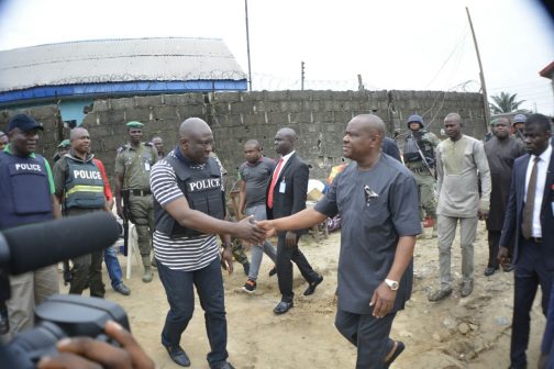 R-L: Rivers State Governor, Nyesom Ezenwo Wike and State Police Commissioner, Mr Foluso Adebanjo during the demolition of  the hideout of suspected cultists at Eagle Island, Port Harcourt