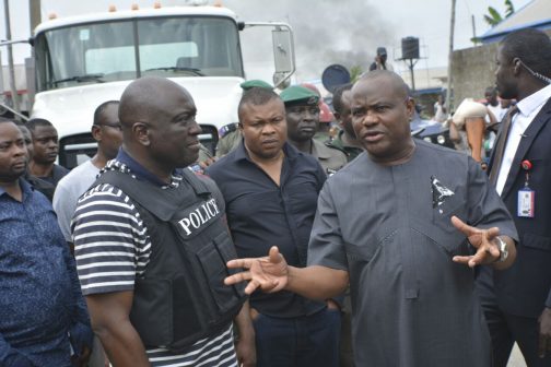 R-L: Rivers State Governor, Nyesom Ezenwo Wike, Mr Victor Ihunwo,  member of Rivers State House of Assembly and the State Police Commissioner, Mr Foluso Adebanjo during the demolition of cultists hideouts  at Eagle Island,  Port Harcourt on Saturday.  