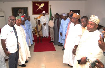 The Crown Prince of Benin Kingdom, His Royal Highness, Eheneden Erediauwa, Edaiken N'Uselu, and members of the Progressives Governors' Forum, during the visit of the Progressives Governors' Forum to the Crown Prince, on Saturday.
