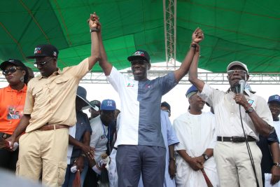 Hon Philip Shaibu, APC gubernatorial running mate, Mr Godwin Obaseki. APC Gubernatorial candidate and Governor Adams Oshiomhole at the flag-off of the gubernatorial campaign of the All Progressives Congress for the September 10 election in the state, at the Samuel Ogbemudia Stadium, Benin City, on Saturday. 