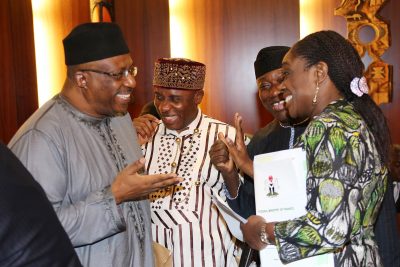 R-L; Minister of Finance, Mrs Kemi Adeosun, Minister of Solid Minerals, Dr Kayode Fayemi, Minister of Transportation, Mr Rotimi Amaechi and Minister of Interior, Lt Gen Abdulrahman Dambazau before the meeting