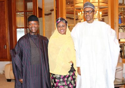 President Muhammadu Buhari with his wife, Aisha and Vice President Prof Yemi Osinbajo during Sallah homage to the president at the State House Abuja