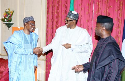 President Muhammadu Buhari accompanied by the Vice President Prof Yemi Osinbajo as the President receives the Governor of Central Bank of Nigeria (CBN) Mr Godwin Emefiele during Sallah homage at the State House Abuja