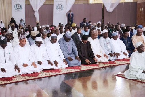  Chief Imam  of State House leading prayer as President Muhammadu Buhari breaks Ramadan fast with Internally Displays Persons at the State House in Abuja.