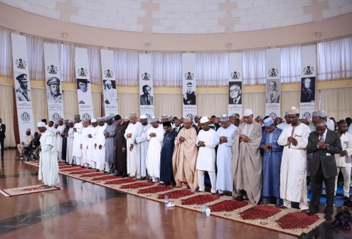 Chief Imam  of State House leading prayer as President Muhammadu Buhari breaks Ramadan fast with Internally Displays Person at the State House in Abuja. 