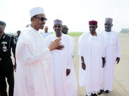 L-R; President Muhammadu Buhari, FCT Minister, Alhaji Mohammed Bello, Chief of Staff Mallam Abba Kyari and SSAP Abba Sariki