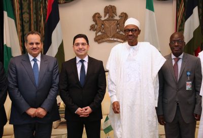 R-L: Permanent Secretary, Ministry of Foreign Affairs, Amb. Brutus Lolo, President Muhammadu Buhari, Delegate to the Minister of Foreign Affairs and Cooperation and Moroccan Special Envoy, Nasser Bourita and Director Yassine Mansouri during an audience with the President at the State House in Abuja. 
