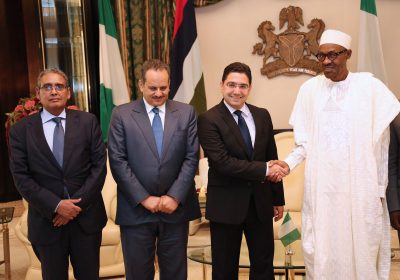R-L: President Muhammadu Buhari, Delegate to the Minister of Foreign Affairs and Cooperation and Moroccan Special Envoy, Nasser Bourita, Director Yassine Mansouri and Morrocan Ambassador to Nigeria, Mr Mosidfa Bouh during an audience with the President at the State House in Abuja.