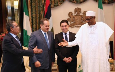 R-L: President Muhammadu Buhari, Delegate to the Minister of Foreign Affairs and Cooperation and Moroccan Special Envoy, Nasser Bourita, Director Yassine Mansouri and Moroccan Ambassador to Nigeria, Mr Mosidfa Bouh during an audience with the President at the State House in Abuja.