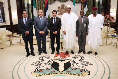 R-L: Chief of Staff, Mallam Abba Kyari, Permanent Secretary Ministry of Foreign Affairs, Amb. Brutus Lolo, President Muhammadu Buhari, Delegate to the Minister of Foreign Affairs and Cooperation  and Moroccan Special Envoy, Nasser Bourita, Director Yassine Mansouri and Moroccan Ambassador to Nigeria, Mr Mosidfa Bouh during an audience with the President at the State House in Abuja. 