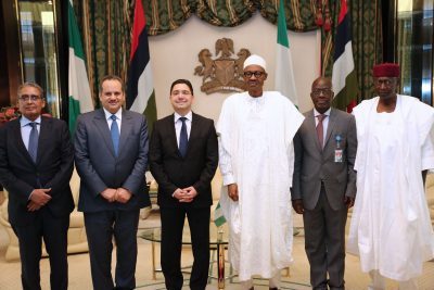 R-L: Chief of Staff, Mallam Abba Kyari, Permanent Secretary, Ministry of Foreign Affairs, Amb. Brutus Lolo, President Muhammadu Buhari, Delegate to the Minister of Foreign Affairs and Cooperation and Moroccan Special Envoy, Nasser Bourita, Director Yassine Mansouri and Moroccan Ambassador to Nigeria, Mr Mosidfa Bouh, during an audience with the President at the State House in Abuja.