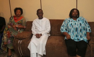 Delta State Governor, Ifeanyi Okowa (middle);  Mrakpor Onyemaechi (left) and the eldest sister of Late Stephen Keshi, Miss Jeniffer Keshi