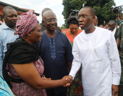 From right; Delta State Governor, Ifeanyi Okowa; Mr. Sylvester Keshi and Mrs. Agnes Ofuonye, during the governor's condolence visit to the family of Late Stephen Keshi, at Illah, Delta State.