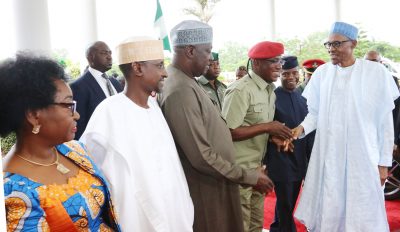 R-L;  President Muhammadu Buhari, Vice President Yemi Osinbajo, Minister of Youth and Sports, Barrister Solomon Dalung, SGF, Engr Babachir David Lawal, Minister of FCT, Alhaji Mohammed Bello and Head of Civil Service, Mrs Winifred Oyo-Ita as President receives investiture as the Grand Patron of the Nigerian Olympic Committee at the State House in Abuja. 