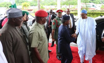 R-L:  President Muhammadu Buhari, Vice President Yemi Osinbajo, Minister of Youth and Sports, Barrister Solomon Dalung and SGF, Engr Babachir David Lawal as President becomes the Grand Patron of the Nigerian Olmpic Committee at the State House in Abuja. 