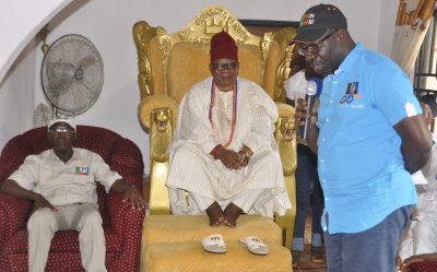 Mr Godwin Obaseki, APC gubernatorial candidate, Edo State addresses the Okumagbe of Weppa-Wanno Kingdom, HRH Dr. George Oshiakpi Egabor (middle) with them is Governor Adams Oshiomhole (left) during the APC candidate's visit to the palace for the royal father's blessings, on Saturday.