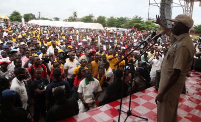 Governor Adams Oshiomhole addresses a rally of the All Progressives Congress for the forthcoming Governorship election in the state at Garrick Memorial College, Benin City, Thursday.