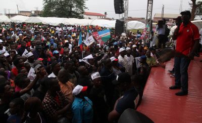 Mr Godwin Obaseki, Governorship candidate of the All progressives Congress (APC) addresses a rally of the party for the forthcoming Governorship election in the state, at Ramat Park, Benin City, Thursday.