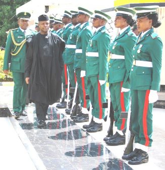 The Vice President, Prof Yemi Osinbajo inspects the guards of honour during the Senior Course 38 graduation ceremony at Jaji, Friday July 1, 2016.