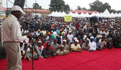 Governor Adams Oshiomhole reels out the achievements of his administration in Edo Central at the Edo Central campaign flag-off of the All Progressives Congress (APC) held in Irrua, weekend.